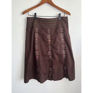 Do + Be Linen Skirt Embroidered Hand Stitched Brown Linen Boho Sequins Midi M